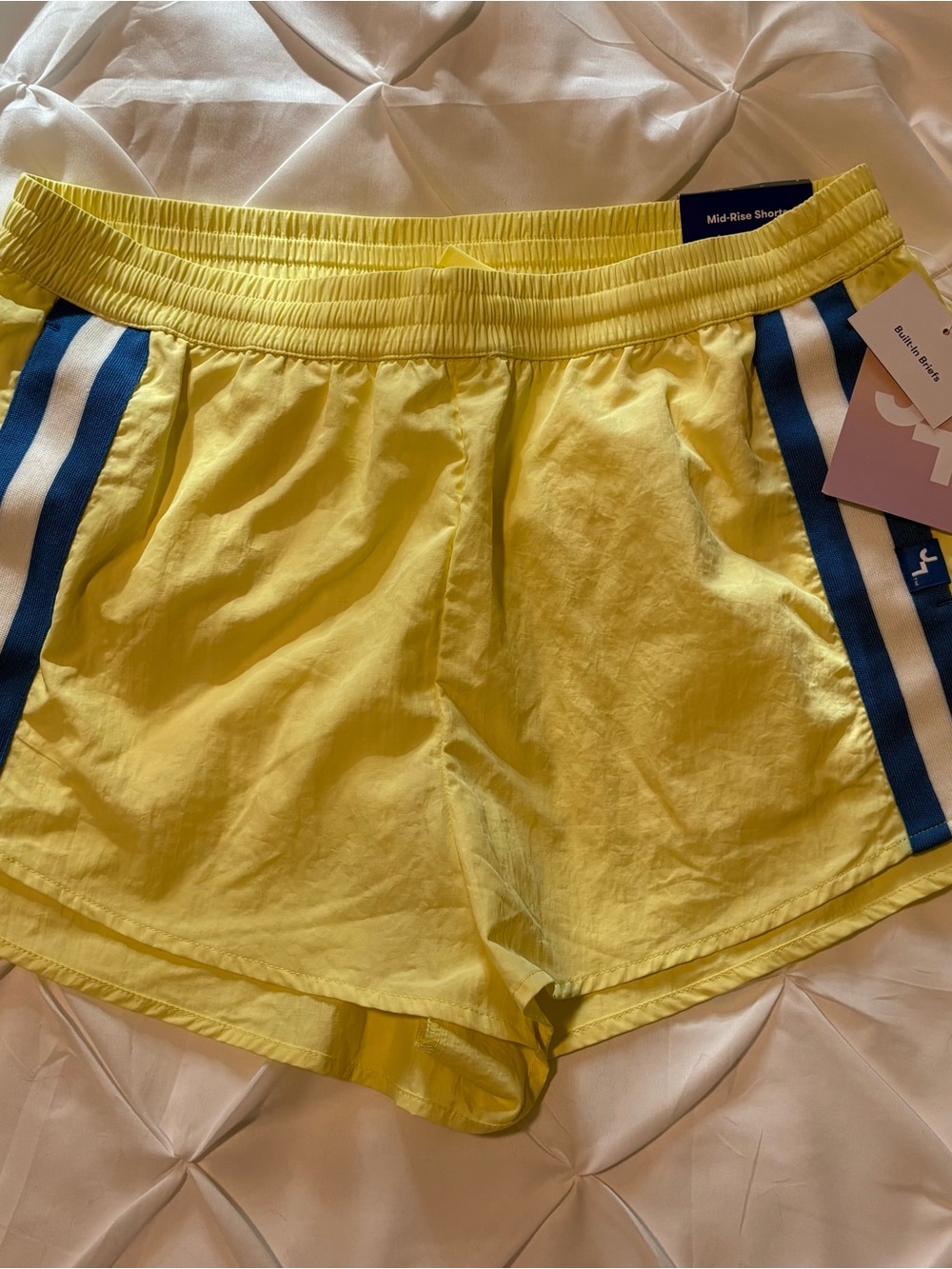 JOY LAB Women’s Mid-Rise Yellow Athletic Shorts Blue/White Stripes, Size M NWT